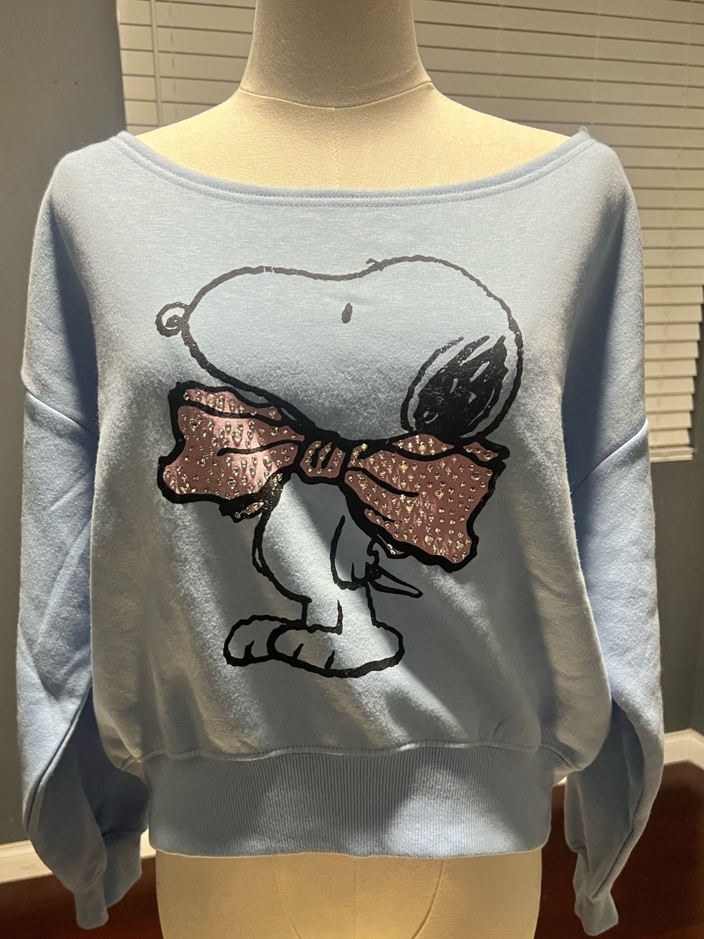 New Light Blue Snoopy Graphic Sweater with Pink Bow. Size XS